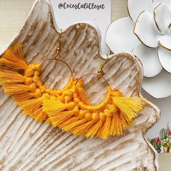 Boho Macrame Tassel Drop Hoop Earrings NWT - Picture 2 of 4